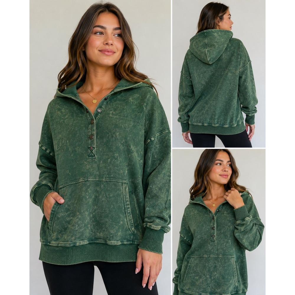 Sewn + Seen Green Acid Wash Henley Hoodie Cotton Pullover Thumbholes SNS1598 M